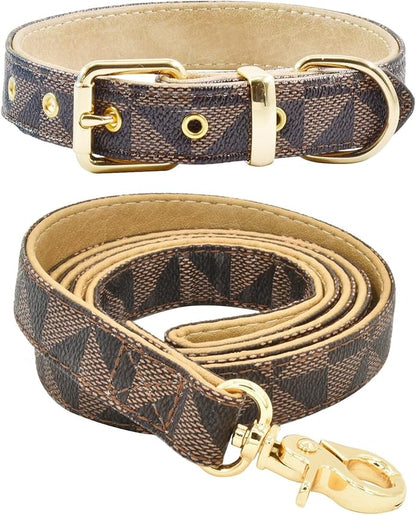 Leather Dog Collar and Leash Set, Check Pattern Dog Collar Leashes Metal Buckle Adjustable Durable for Small Medium Large Dogs (Brown, M(11.8-15IN))