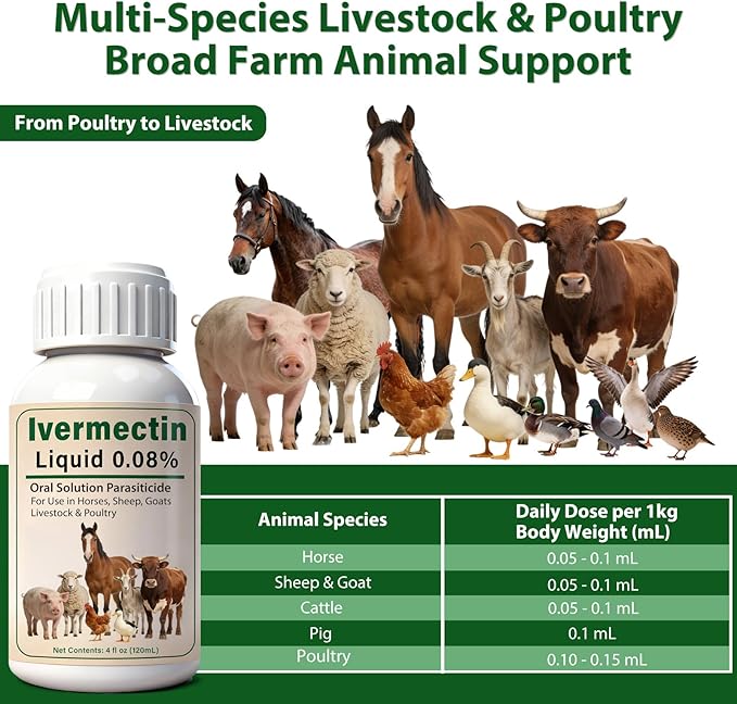 Ivermectin Liquid for Horse, Sheep, Poultry & More, All-Worm Formula for Tapeworms, Roundworms & Hookworms,120mL
