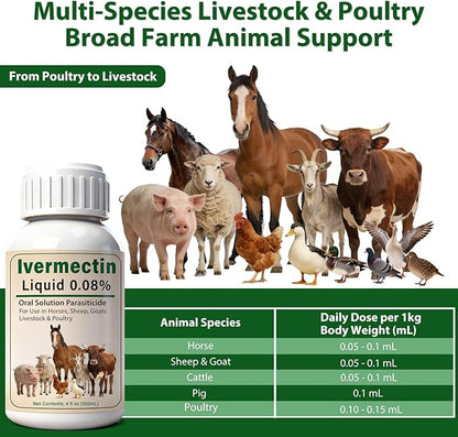 Ivermectin Liquid for Horse, Sheep, Poultry & More, All-Worm Formula for Tapeworms, Roundworms & Hookworms,120mL