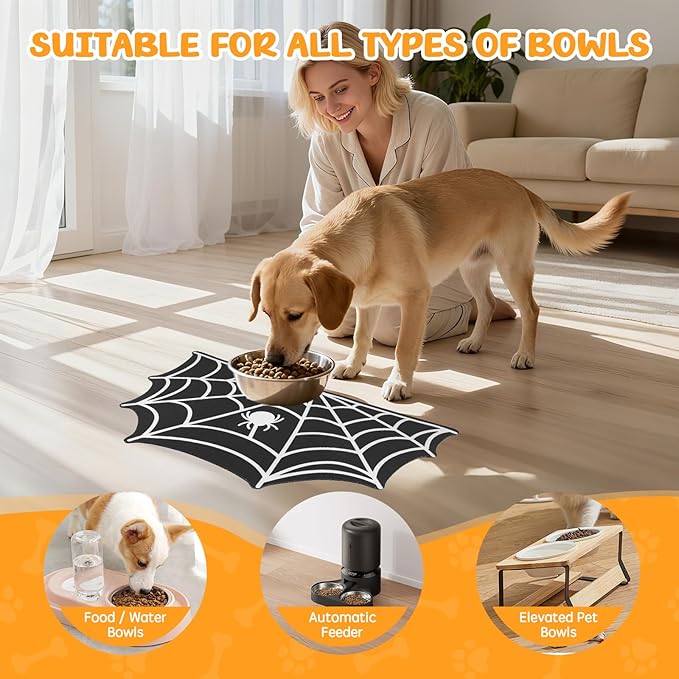 Dog Cat Food & Water Mat, Spider Web Pet Feeding Mat for Floor Non-Slip Waterproof, Super Absorbent Quick Dry Placemat Pet Food Bowl Mat, Halloween Decor, Pets Accessories Indoor (12 * 20 in)