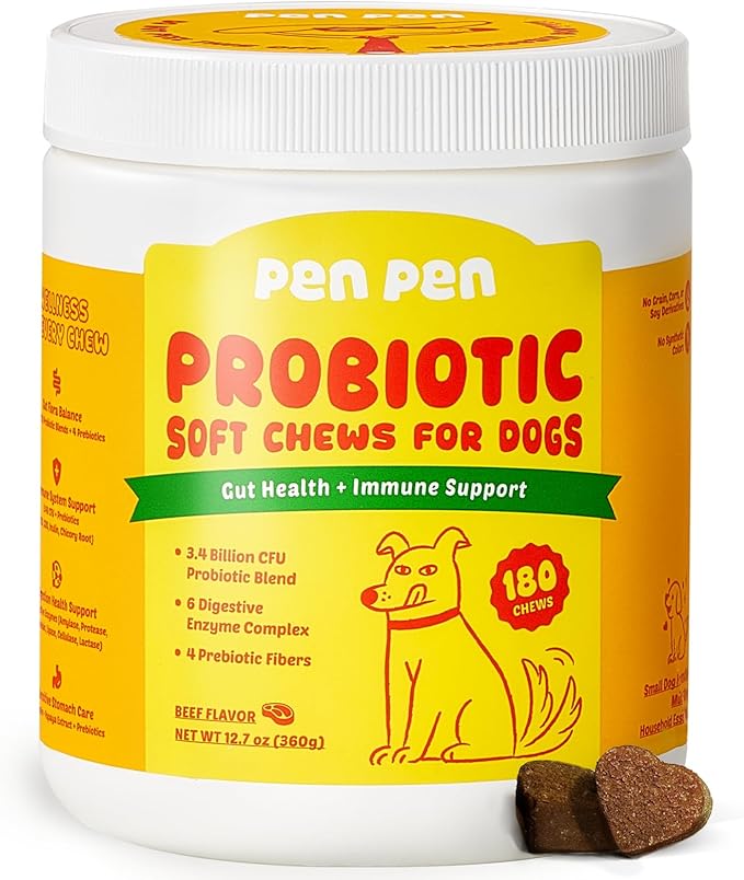 PENPEN Probiotics for Dogs, Dogs Probiotics for Digestive Health, Multi-Probiotic and Enzyme Blend Promote Gut Health & Immune Support, Eases Sensitive Stomachs - Beef Flavor, 180 Soft Chews