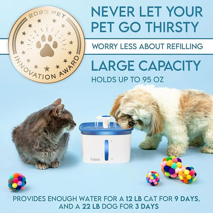 Veken Innovation Award Winner 95oz/2.8L Pet Fountain, Automatic Cat Water Fountain Dog Water Dispenser with 6 Replacement Filters & Silicone Mat for Cats, Dogs (Blue, Plastic)
