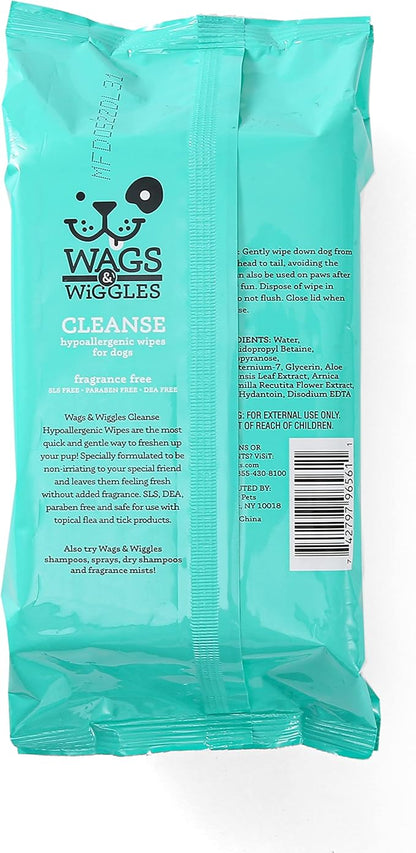 Wags & Wiggles Hypoallergenic Dog Wipes for Sensitive Skin, Fragrance Free Waterless Cleansing Towelettes for Paws Face Body & Rear, No SLS DEA Parabens, 100 Count - 2 Pack