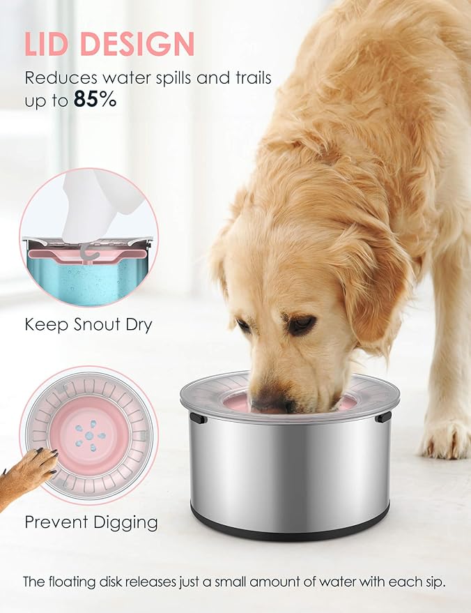 Heouvo 1Gallon Large Dog Water Bowl No Spill, [Anti Digging Lid & Rubber Bottom] Spill Proof Dog Bowl, Anti Splash Mess Dripless Slow Drinking Stainless Steel Water for Sloppy Messy Drinkers Car
