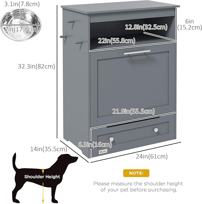 PawHut Dog Feeding Station with Raised Bowls & Storage Cabinet, Pet Feeder Cabinet Container with Hanger for Feeding & Watering Supplies, Dog Food Organizer, Gray