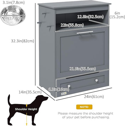 PawHut Dog Feeding Station with Raised Bowls & Storage Cabinet, Pet Feeder Cabinet Container with Hanger for Feeding & Watering Supplies, Dog Food Organizer, Gray