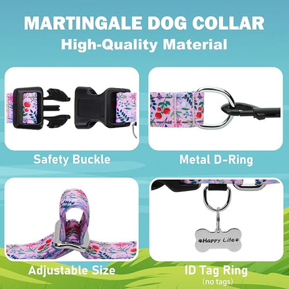 Reflective Martingale Collar with Quick Release Buckle Anti Pulling Girl Female Dog Collars (Pink Flowers Plants, Small)
