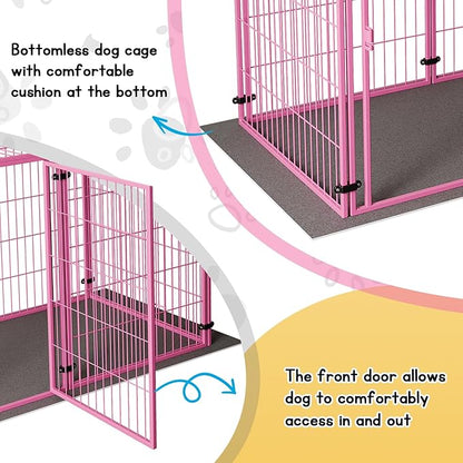 XPIY Large Dog Crate – 57 Inch Metal Kennel for Medium and Small Dogs, Safe Indoor & Outdoor XL Big Puppy Bottomless Cage with Comfort Mat, Pet Playpen Yard, Dog Fence Playpen (Pink)