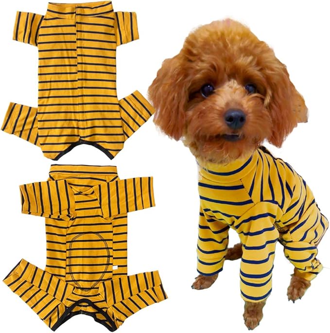 Dog’s Recovery Suit Post Surgery Shirt for Puppy, Full Coverage Dog's Bodysuit Wound Protective Surgical Clothes for Small and Medium Pets (Yellow Black Stripe-m)