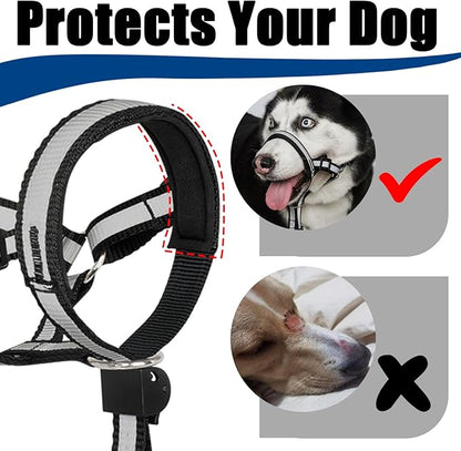 BARKLESS Reflective Head Collar, No Pull Collar for Large Dogs, Anti-Pull Muzzle Leash for Large Sized Breed, Adjustable Soft Dog Halter, Nose Leash for Easy Control on Walks