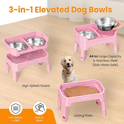 URPOWER 3-in-1 Elevated Dog Bowls - Mess Proof Double Deck 4 Height Adjustable Raised Stand with 2 Stainless Steel Food Bowls & Licking Plate for Small, Medium & Large Dogs