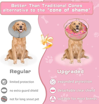 Inflatable Dog Cone Collar Soft Dog Cone Alternative After Surgery to Stop Licking for Large Medium Dogs Recovery Donut Cone Adjustable Neck Collar with Enhanced Anti-Licking Guard Shield,Donut Pink,L