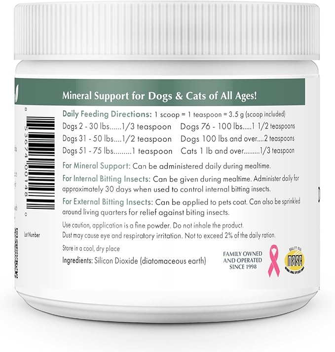 Wholistic Pet Organics Diatomaceous Earth - Food Grade for Dogs & Cats - 4 Oz - Multi Use Powder - Pet Safe Non-Chemical Freshwater Sourced Silica Supports Overall Health - Made in USA - 32 Scoops