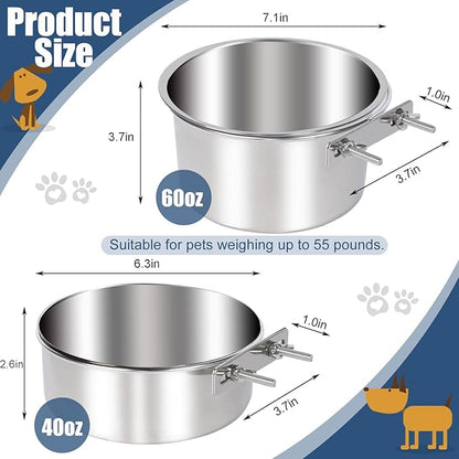 Stainless Steel Dog Bowls, 2 Pack No Spill Dog Crate Water and Food Bowls for Kennel Cage, Kennel Water Bowl Hanging Feeder Dish for Dogs Pets, 40oz & 60oz