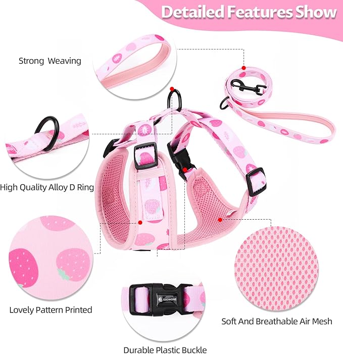 Dog Harness and Leash Set, Adjustable Dog Harness, Dog Leash, No Pull No Choke Puppy Harnesses for Walking Training for Small Medium Pet (Strawberries, XS(Chest 9.9-13.5", Neck 7.8-10.2"))