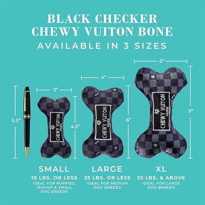 Haute Diggity Dog Chewy Vuiton Bone Plush Squeaky Dog Toy, Soft Durable Designer-Inspired Stuffed Puppy Chew Toys for Small, Medium & Large Dogs, Machine-Washable (Black Checker) XL