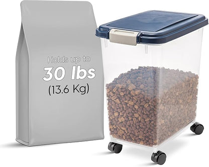 IRIS USA Airtight Dog Food Storage Container, Up to 30 lbs, Attachable Wheels, for Dog Cat Bird and other Pet Food Storage Bin, Keep Fresh, Easy Mobility, BPA Free, Navy