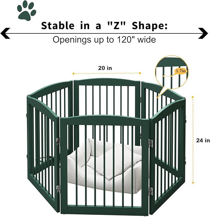 PUPETPO Freestanding Pet Gate for Dogs, Foldable Wooden Dog Gate for House, Extra Wide Indoor Pet Barrier for Stair, Doorway, Hall, Support Feet Included, 120 Inch Wide, 6 Panels 24",Green