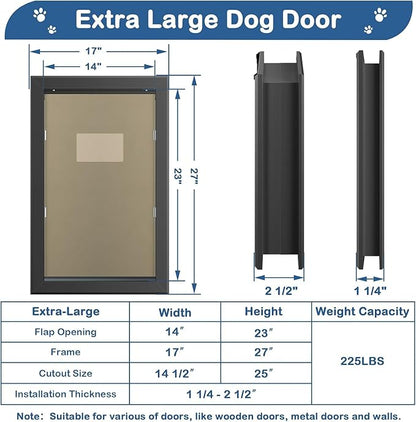 Extra Large Dog Door, XL Dog Door with Self-Closing Insulated Flaps for Extreme Weather, Heavy Duty Aluminum XXL Dogs Doors for Pets Up to 230LBS, for Interior & Exterior Doors, X-Large, Black