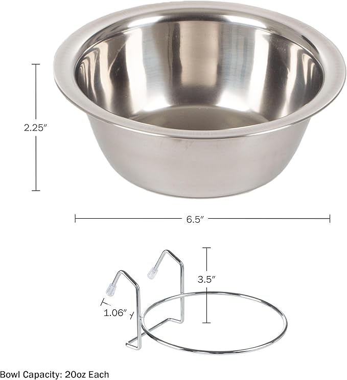 Set of 2 Stainless-Steel Dog Bowls - Cage, Kennel, and Crate Hanging Pet Bowls for Food and Water - 20oz Each and Dishwasher Safe by PETMAKER,Silver