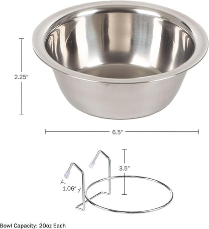Set of 2 Stainless-Steel Dog Bowls - Cage, Kennel, and Crate Hanging Pet Bowls for Food and Water - 20oz Each and Dishwasher Safe by PETMAKER,Silver