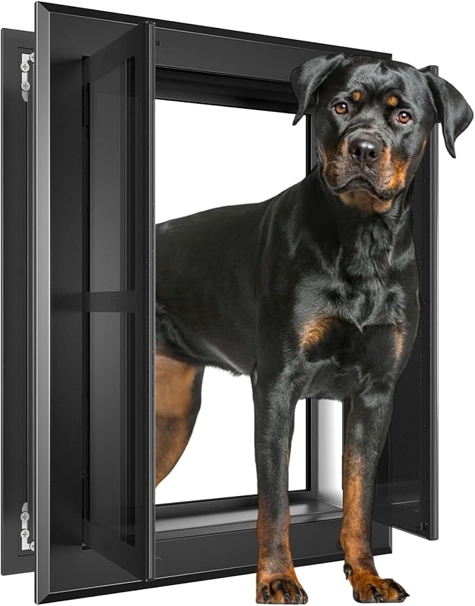 Aluminum French Extra Large Dog Door, Heavy-Duty with Strong Double Magnetic Flaps & Aluminum Telescoping Tunnel, for X-Large/Large Dogs Up to 200LBS - Black,