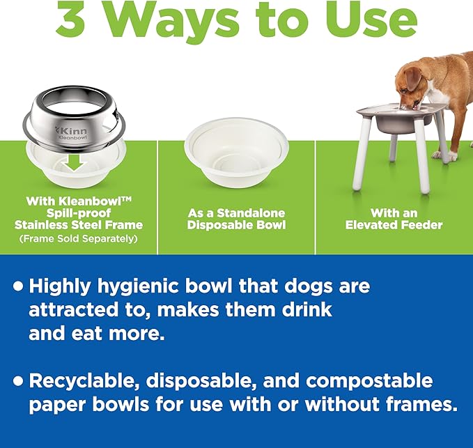 Kinn Kleanbowl Disposable Dog Food Bowls, 32 oz (Pack of 50) - Frame System Refills, Use for Travel, Boarding, or Crate, Compostable Pet Travel Bowl, No Plastic, Leakproof, Portable Dog Dish
