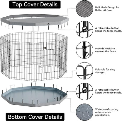 PJYuCien Dog Playpen with Top Cover and Bottom Pad - Metal Foldable Exercise Pen, 8 Panels 30" H x 24" W Indoor Outdoor Pet Fence Puppy Crate Kennel, Gray