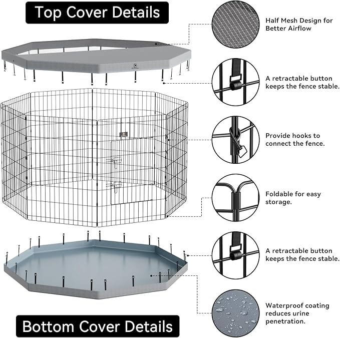 PJYuCien Dog Playpen with Top Cover and Bottom Pad - Metal Foldable Exercise Pen, 8 Panels 36" H x 24" W Indoor Outdoor Pet Fence Puppy Crate Kennel, Gray