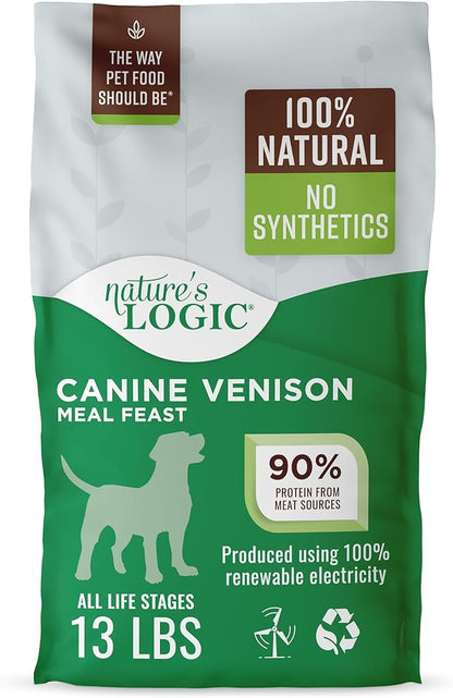 Nature's Logic Dry Dog Food - 100% Natural - No Synthetics - for All Ages, Sizes, Breeds - Free from Common Allergens, High Protein - Venison Meal Feast, 13lbs