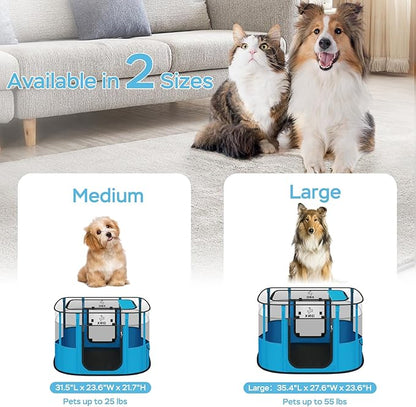 Portable Pet Playpen with Waterproof pad, Collapsible Crates Kennel Playpen for Dog cat and Rabbit &Travel playpen Outdoor or Indoor (Medium（31.5" L x 23.6" W x 21.7" H）, Clear Blue)