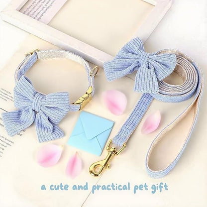 Dog Collar and Leash Set with Bowtie, Girl Dog Collars Metal Buckle Adjustable for Small Medium Dogs (Blue, S: Neck 10"-16" Leash 5 FT)