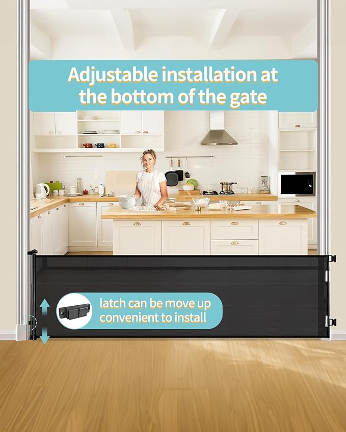 Retractable Baby Gate for Stairs – 33” Height, Expands up to 118” Width – Safety Gate for Infants, Toddlers, Dogs & Pets – Easy Install, Secure Closure, Black Mesh Design for Indoor & Outdoor Use