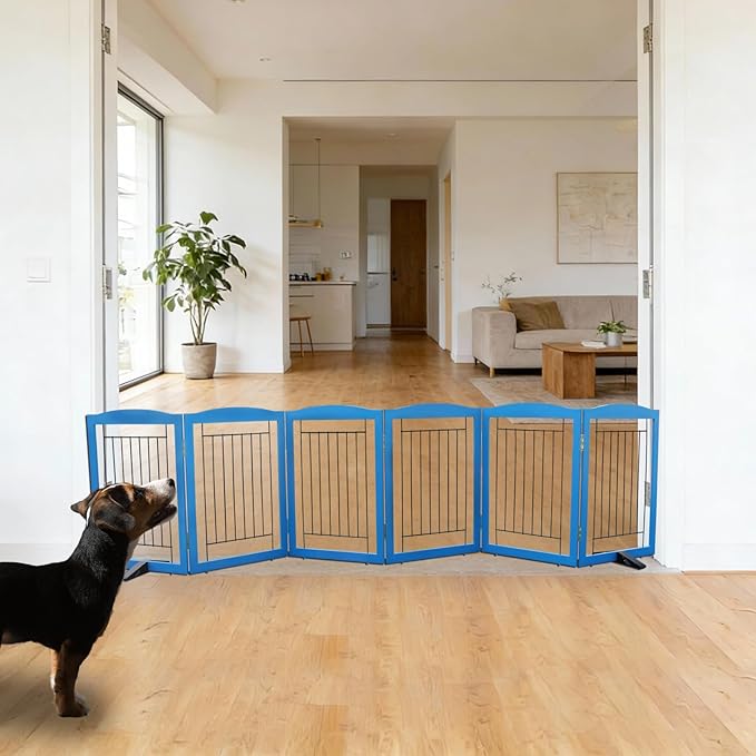 ZJSF Freestanding Dog Fence Indoor, Foldable Dog Gate for Doorways, Stairs or Hallways, Sturdy Wood Extra Wide Pet Gate with Support Feet for The House, Blue, 24 "Height-6 Panels