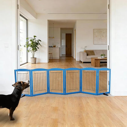 ZJSF Freestanding Dog Fence Indoor, Foldable Dog Gate for Doorways, Stairs or Hallways, Sturdy Wood Extra Wide Pet Gate with Support Feet for The House, Blue, 24 "Height-6 Panels