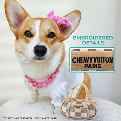 Haute Diggity Dog Chewy Vuiton Handbag Plush Squeaky Dog Toy, Soft Durable Designer-Inspired Stuffed Puppy Chew Toys for Small & Medium Dogs, Machine-Washable (Tan Checker) Large
