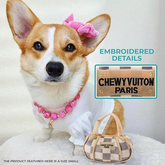 Haute Diggity Dog Chewy Vuiton Handbag Plush Squeaky Dog Toy, Soft Durable Designer-Inspired Stuffed Puppy Chew Toys for Small & Medium Dogs, Machine-Washable (Tan Checker) Small