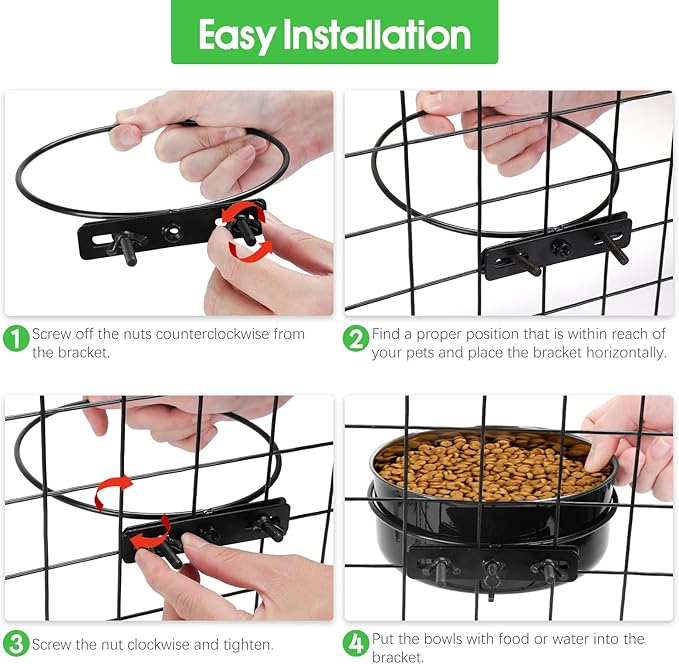 2 Pcs Large Dog Food Water Bowl for Cage with Upgraded Clamp Holder, Black Pet Kennel Hanging Bowls Stainless Steel Non-Spill Detectable Bowls Crate Feeder Dish for Large Dogs (7x3.7''& 6.3x2.5'')