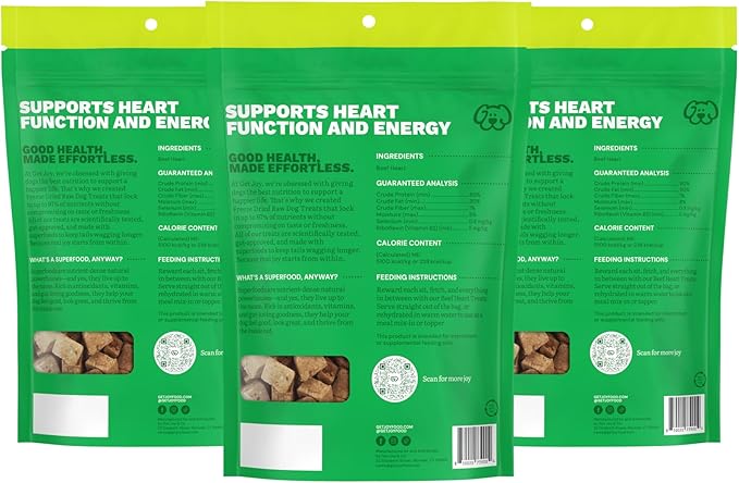 Get Joy Freeze Dried Dog Treats, 100% Beef Heart, 4 Ounce Bag (Pack of 3), Single Ingredient Organ Meat, High Protein, Heart Health, Energy, Grain Free, Gluten Free, Made in USA