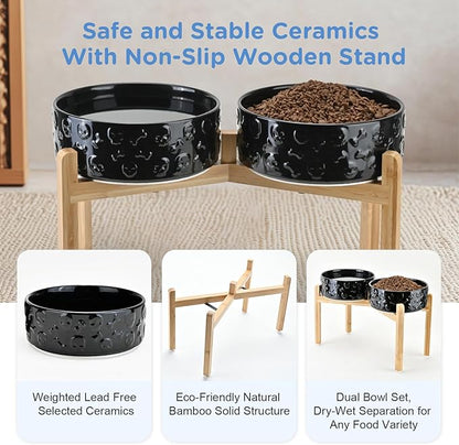SPUNKYJUNKY Elevated Dog Bowls Ceramic, 8.3'' Dogs Food Water Bowls Raised with Non-Slip Bamboo Stand for Large Sized Breed Microwave Dishwasher Safe - 60 OZ,Skull Black