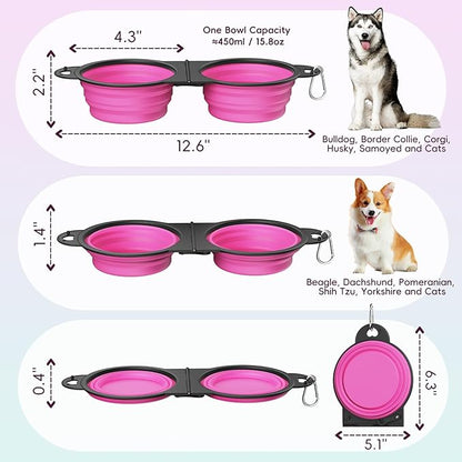 Pawaboo 2-in-1 Collapsible Dog Bowls, Dual Puppy Food and Water Bowls, 180° Flip Over Portable Silicone Dog Bowl with Metal Hook, 450ml Pet Travel Feeder Bowl for Walking Hiking Camping, Pink