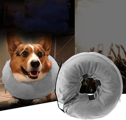 Inflatable Dog Neck Collar PVC Soft Warm Comfortable Protective Recovery Cone for Post Surgery Skin Itching Pets (Gray)