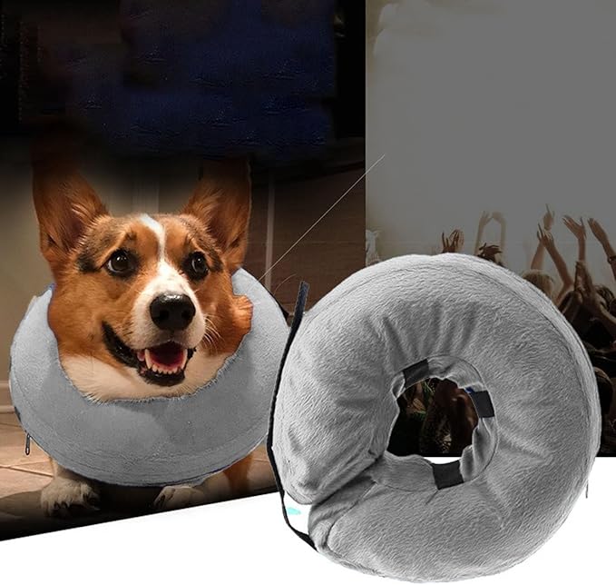 Inflatable Dog Neck Collar PVC Soft Warm Comfortable Protective Recovery Cone for Post Surgery Skin Itching Pets (Gray)