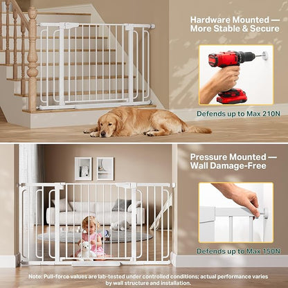 Cumbor 36.6-59" Extra Wide Baby Gate for Stairs, Pressure Mounted Dog Gate for Doorways, Auto-Close Easy Walk Through Safety Child Gate for Kids Toddler, Tall Pet Gates Indoor, White