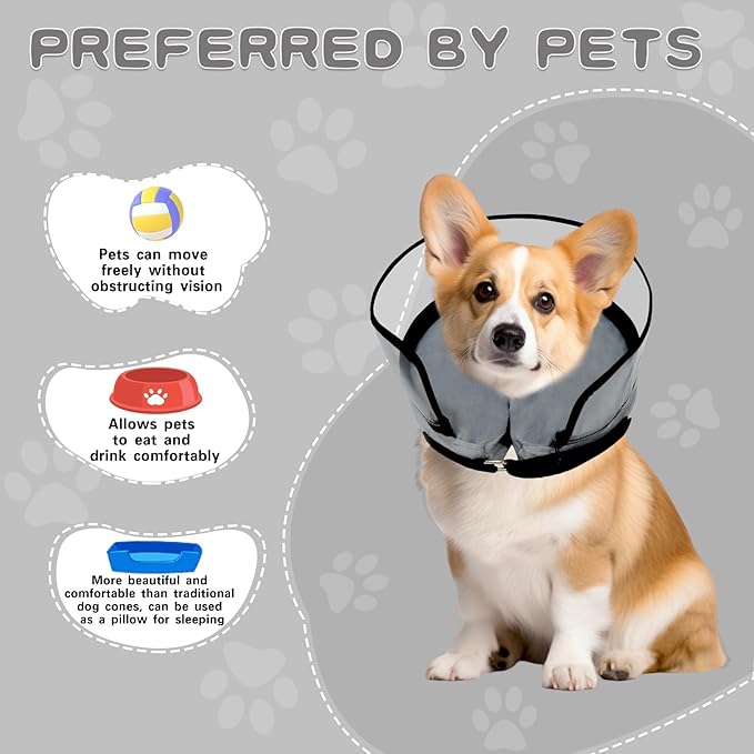 MRSOHRET Dog Cone, Dog Surgery Collar, Inflatable Cones for Small Medium Large Dogs, Grey Recovery Collar, Does not Impede Vision (XL Grey)