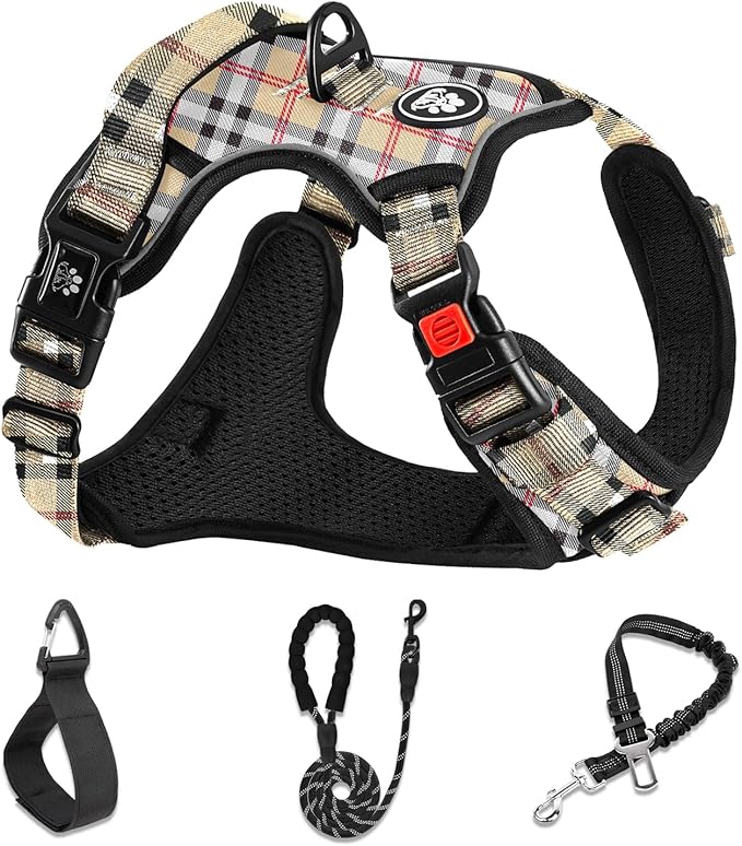 NESTROAD No Pull Dog Harness with Leash, Reflective No Choke Pet Vest Harness,Adjustable Soft Padded Dog Harness with Easy Control Handle for Medium Dogs(Checkered Beige,Medium)
