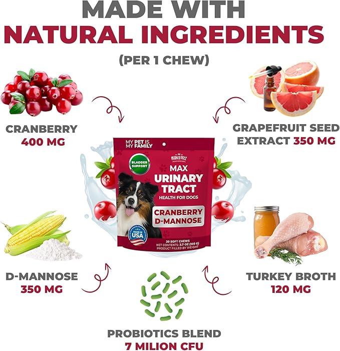 Mighty Petz MAX Cranberry for Dog UTI Treatment - MAX Strength Cranberry Supplement for Dogs + D-Mannose. Bladder Control for Dogs. Urinary Tract Care & Kidney Support Chews