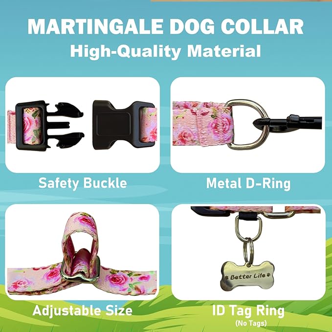 Martingale Collar for Dogs with Buckle Pink Floral Dog Collar No Pull Cute Girl Female Dog Collars for Small Dogs, Watercolor Pink Rose