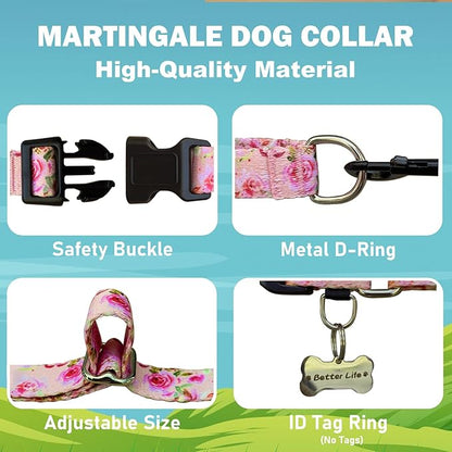 Martingale Collar for Dogs with Buckle Pink Floral Dog Collars No Pull Cute Girl Female Dog Collar for Large Dogs, Watercolor Pink Rose