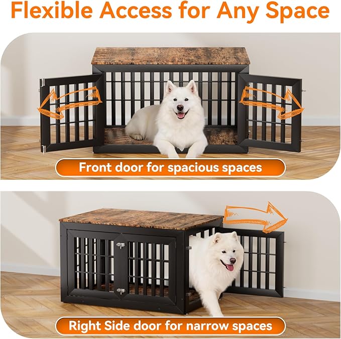 Snuowu 42" Heavy Duty Dog Crate Furniture for Small,Medium and Large Dogs,Rustic Wooden Dog Cage Kennel Indoor Furniture with Waterproof Top,Decorative Pet House Side End Table (Black & Wood)